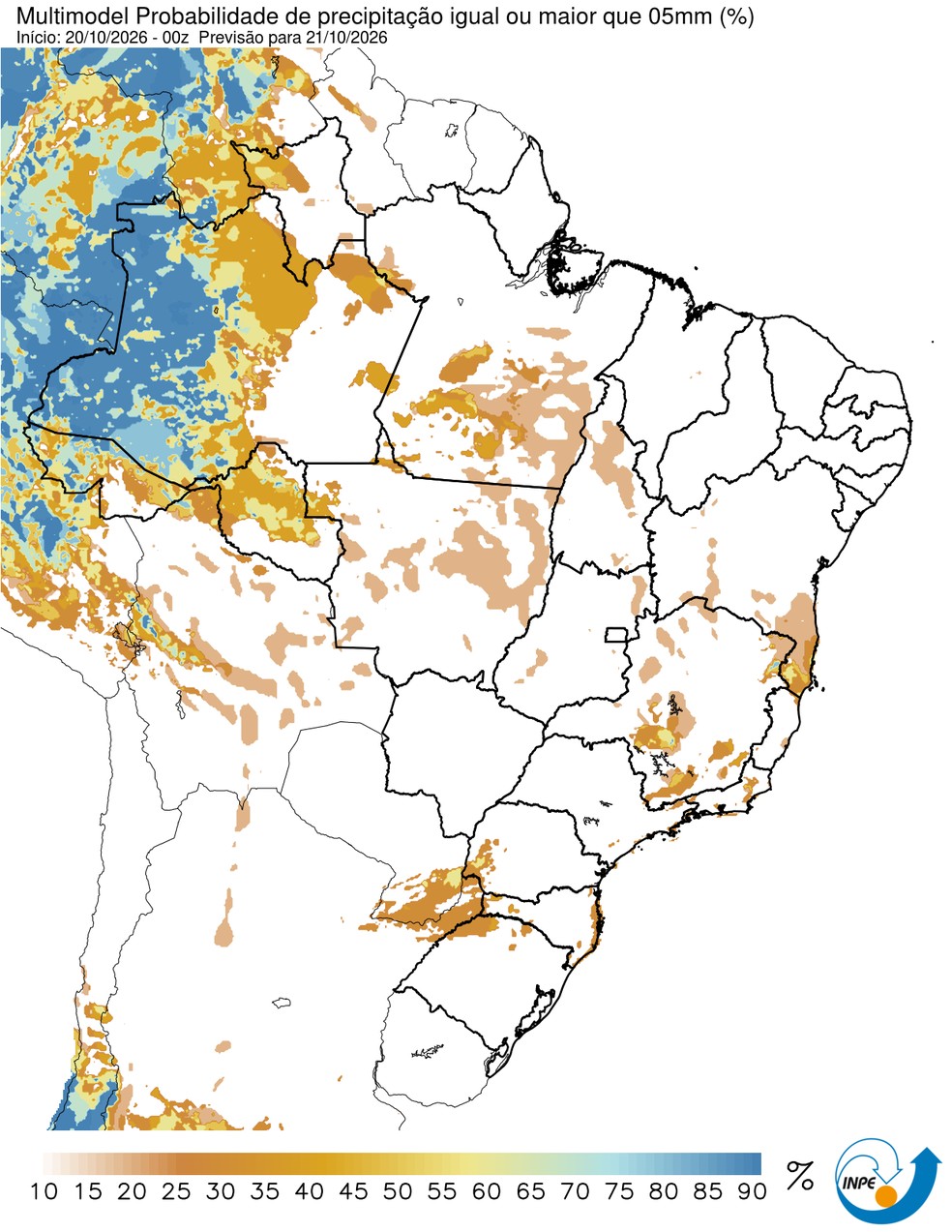 Mapa mostra previsão de chuva para esta quinta (21/10) em todo o Brasil. — Foto: CPTEC/Inpe