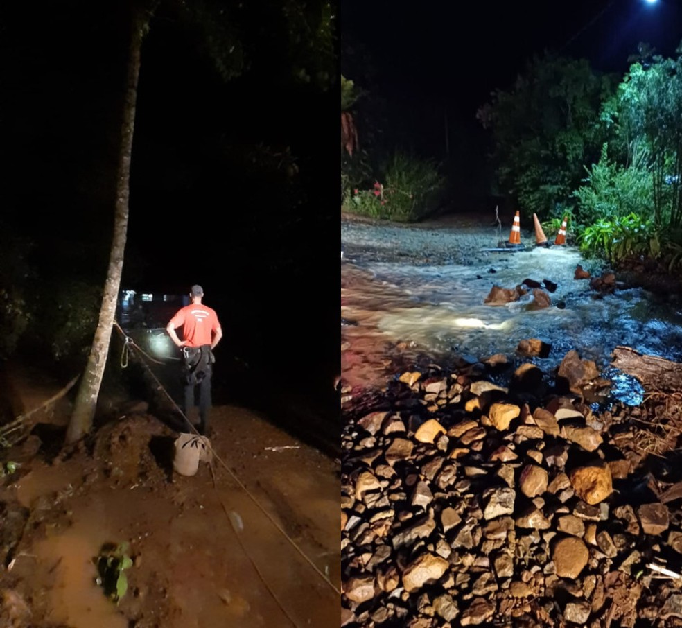 cidade de SC tem inundação, pontes destruídas e resgatados com corda — Foto: Corpo de Bombeiros/Divulgação