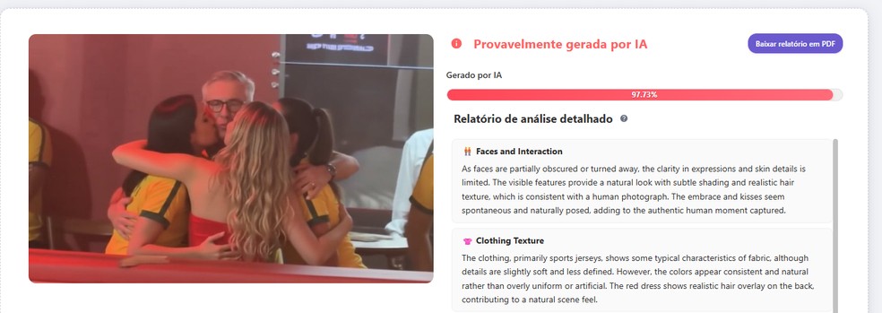 MyDetector apontou 97,73% de probabilidade de imagem de suposto 'beijo triplo' de Ancelotti no carnaval 2026 ter sido criada com IA — Foto: Reprodução