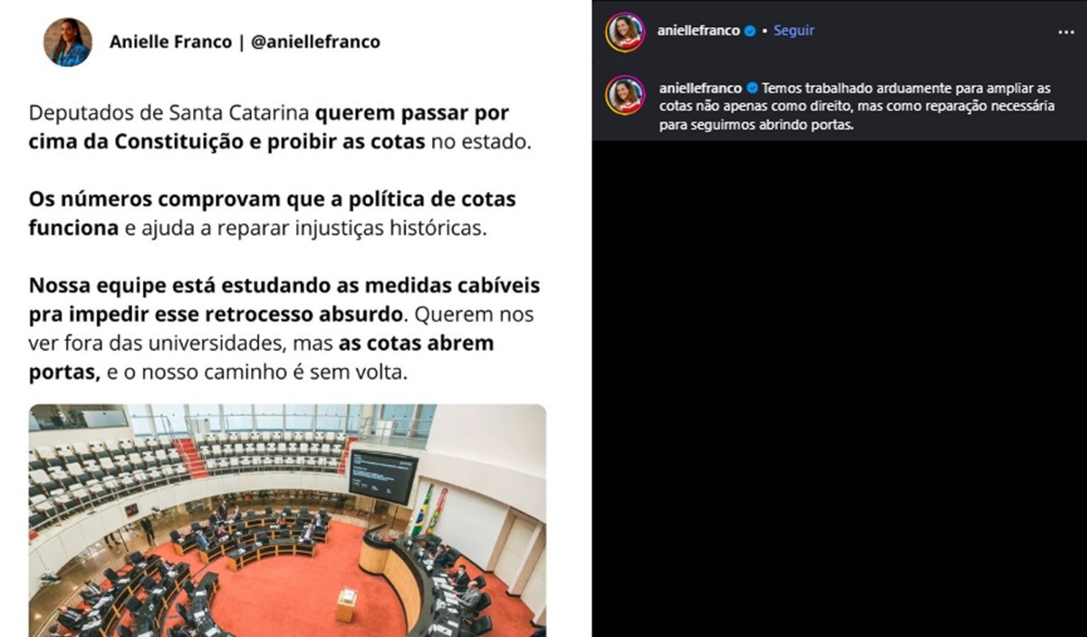 Anielle Franco diz que Governo Federal estuda medidas contra lei que acaba com cotas raciais em universidades de SC