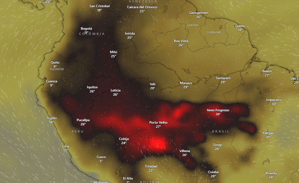 Mancha de fogo encobre parte da Amazônia e países da América do Sul. — Foto: Reprodução/Windy