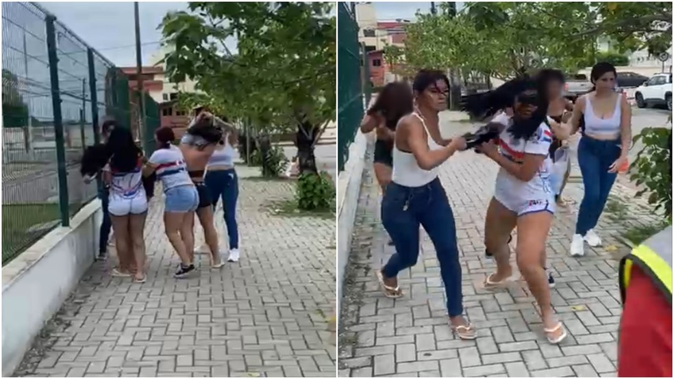 Torcedoras do Fortaleza forçam mulheres com uniforme do Ceará tirar blusa em via pública — Foto: Reprodução