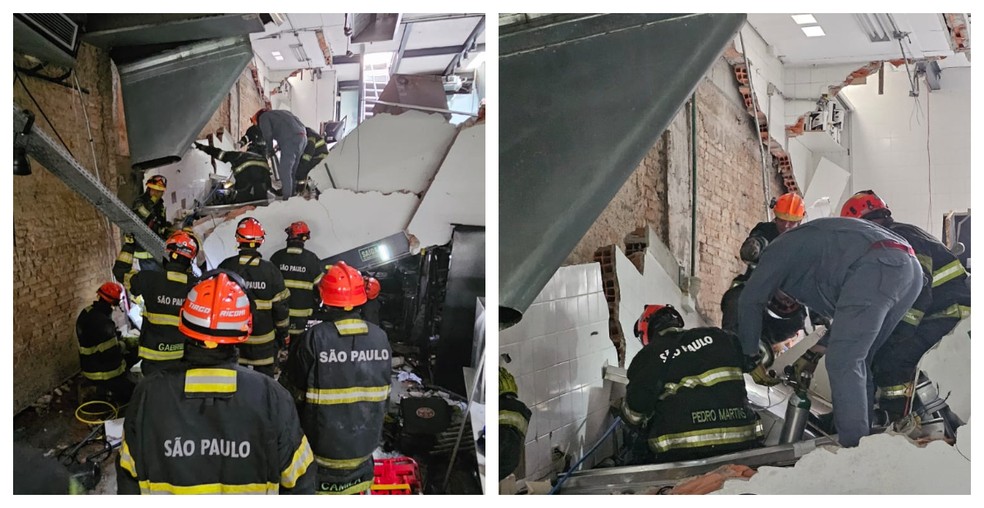 O teto de um restaurante na Bela Vista, região central de São Paulo, desabou nesta quarta-feira (8). — Foto: Montagem/g1/Reprodução/Corpo de Bombeiros