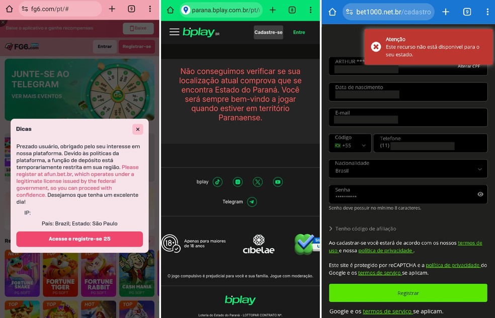 Sites que identificam localizao do apostador e impedem o registro  Foto: Reproduo
