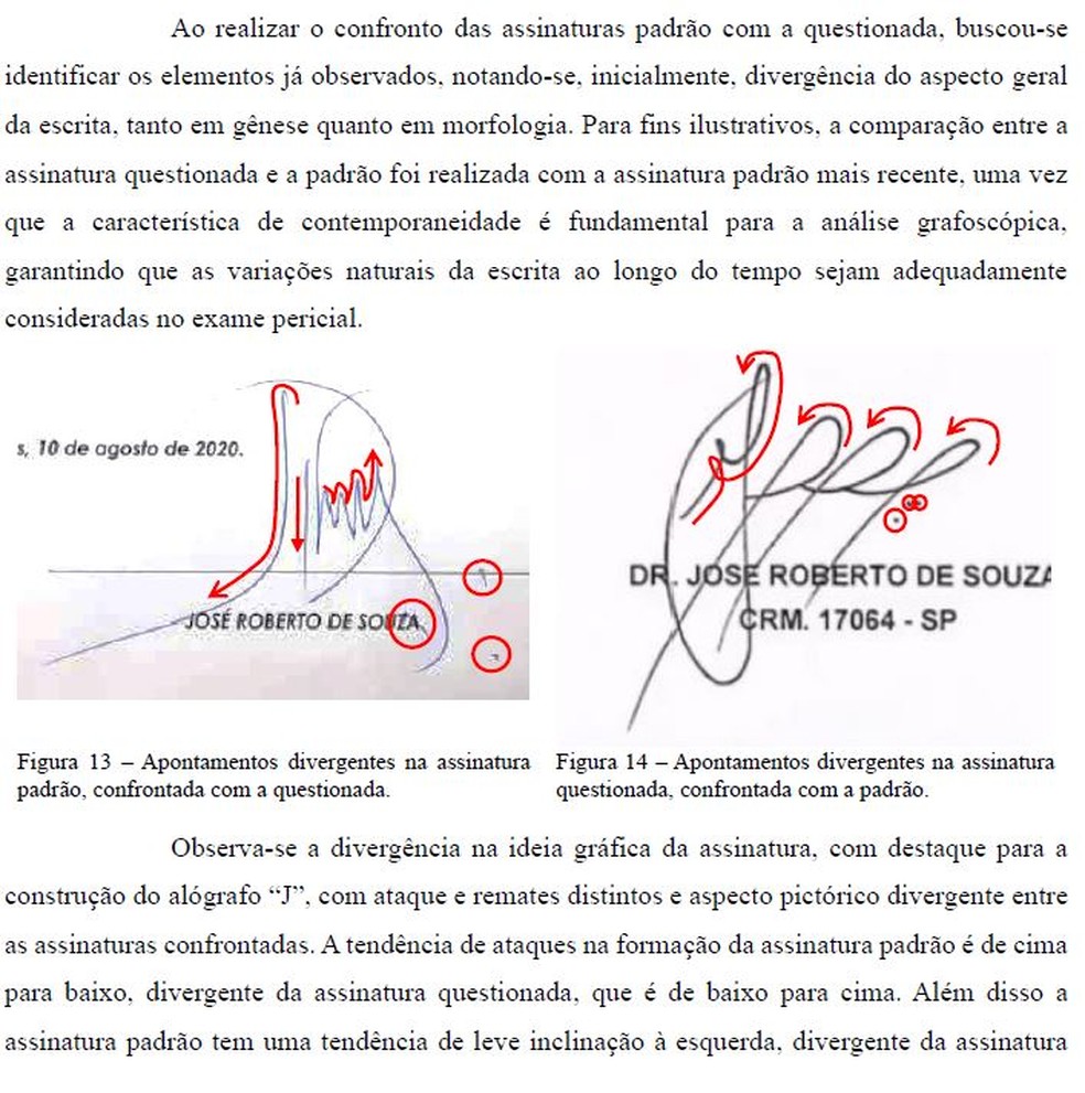 Peritos da PF analisaram a assinatura real do médico José Roberto de Souza com a que consta no documento falso publicada por Pablo Marçal. — Foto: Reprodução