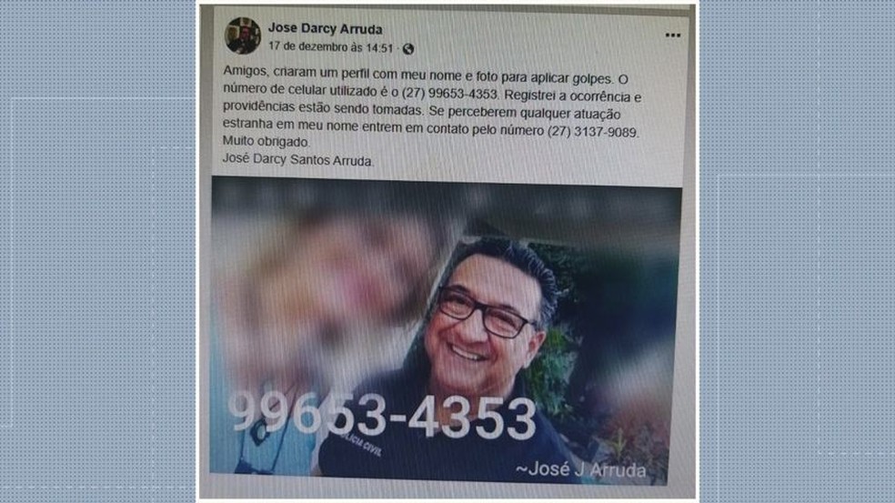 Print do perfil falso criado em nome do delegado José Darcy Arruda — Foto: Reprodução/TV Gazeta