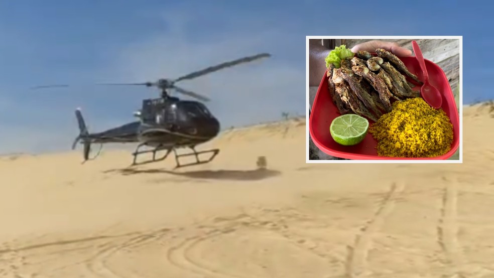 Empresário pousa helicóptero em praia no Ceará, compra piaba e vídeo viraliza — Foto: Reprodução