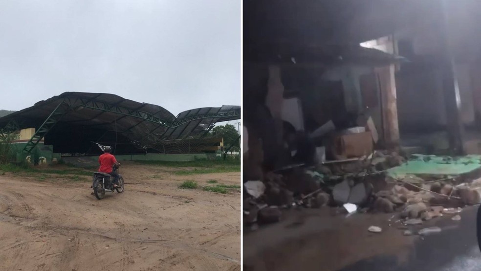 Quadra desabou em Alcântaras, no interior do Ceará; casa desabitada também ruiu com a chuva, em Camocim — Foto: Reprodução
