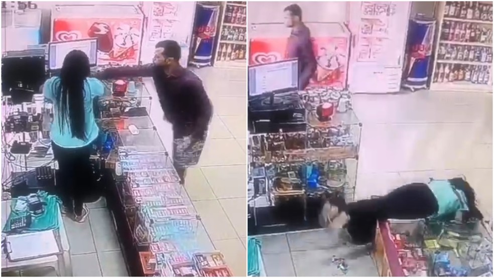 Homem puxa mulher bruscamente e a derruba contra prateleira de comércio em Paraipaba, no Ceará — Foto: TV Verdes Mares/Reprodução
