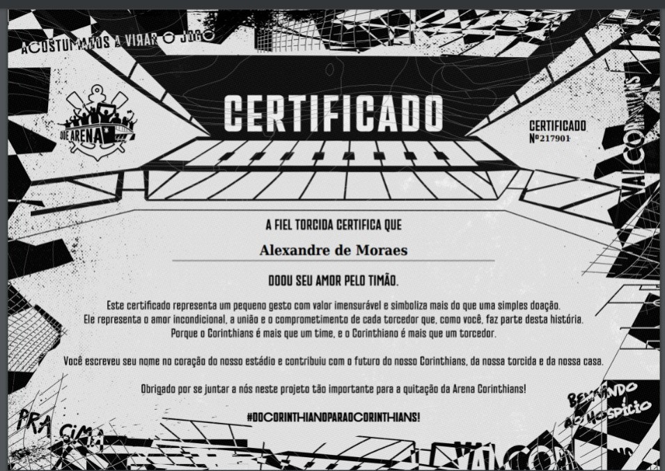 Moraes faz doação para ajudar Corinthians a pagar estádio; veja certificado