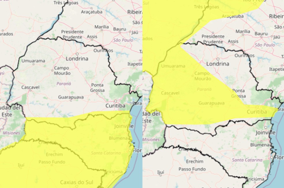 Alertas amarelos de tempestade para o Paraná. — Foto: Reprodução/Inmet