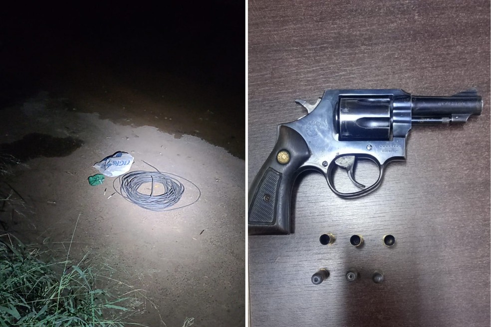 Fiação e facas foram encontradas perto de córrego; material e a arma do policial foram apreendidos — Foto: Polícia Civil/Divulgação