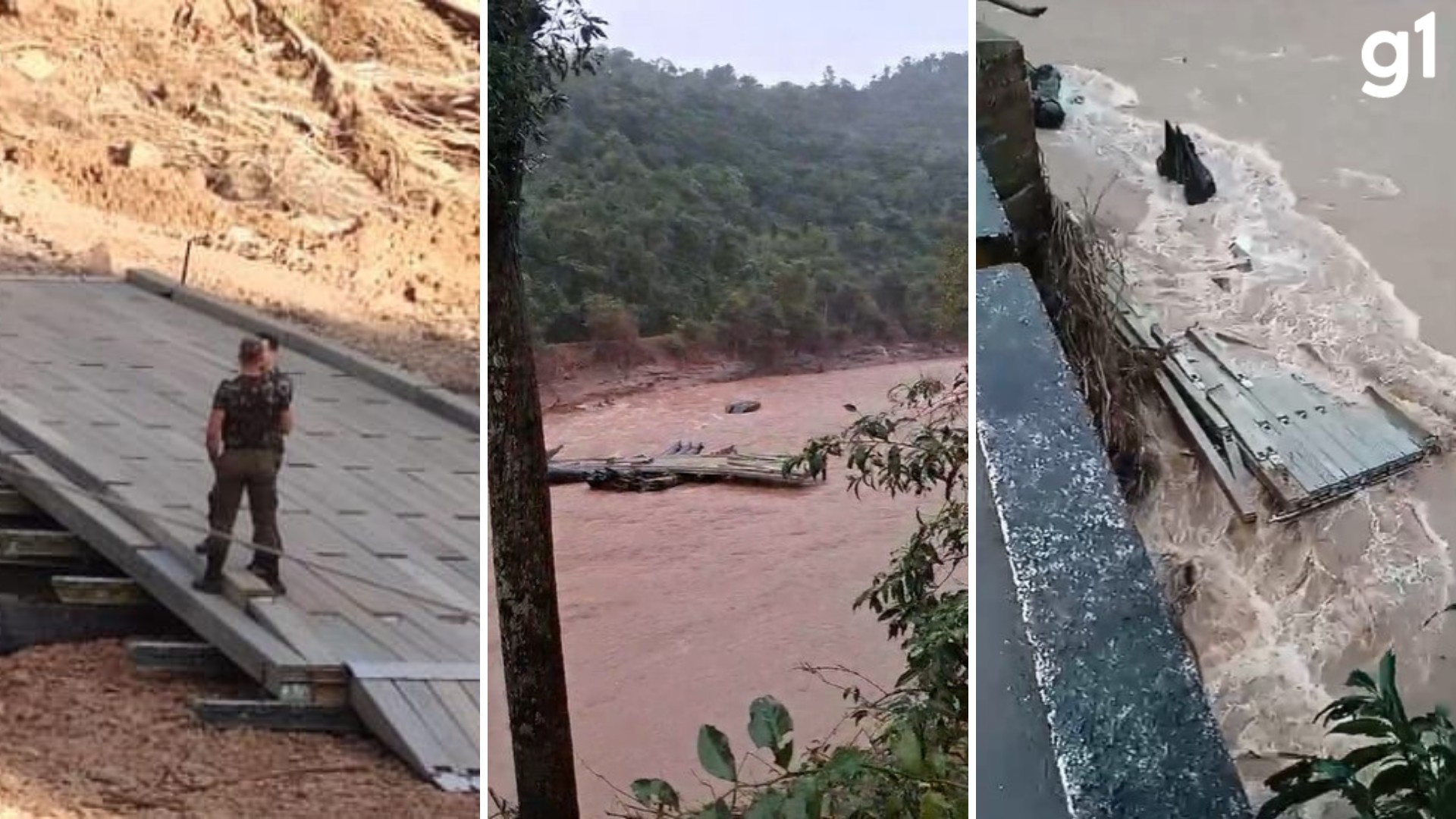 VÍDEO: Ponte é arrastada por força da água uma semana depois de ser instalada por militares no RS
