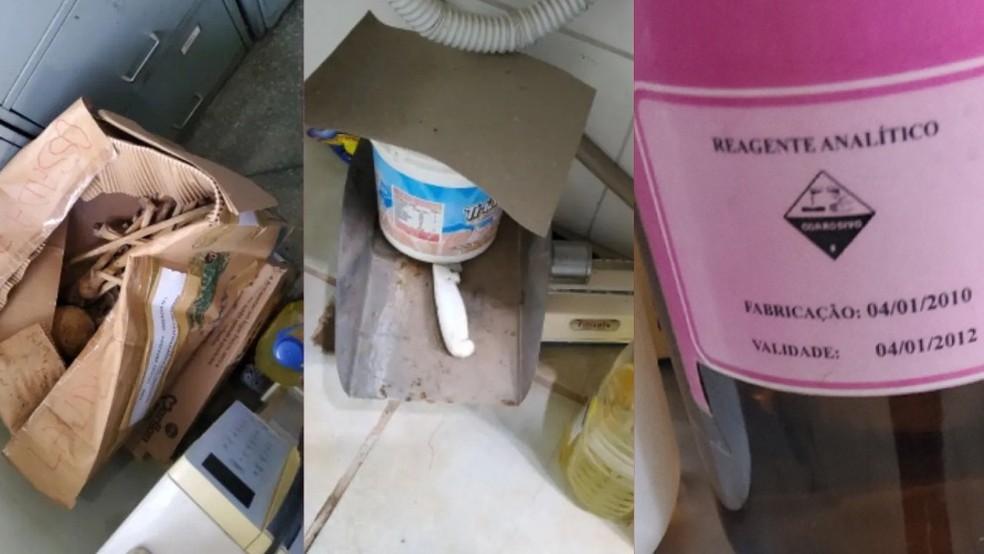 Ossos humanos armazenados em caixa e produtos vencidos são encontrados no IML de Barra do Garças (MT) — Foto: CRM-MT