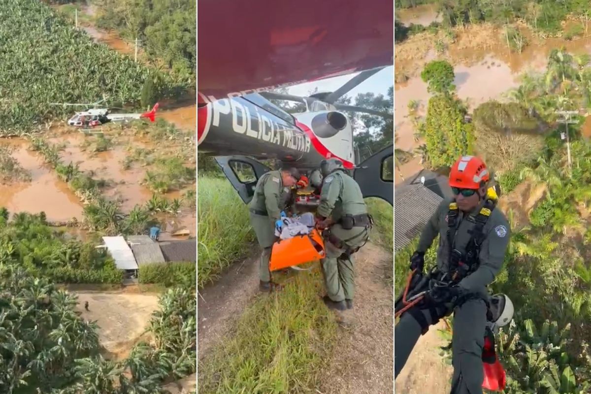 Homem de 100 anos é resgatado de helicóptero após ficar ilhado em área rural do Vale do Ribeira; VEJA
