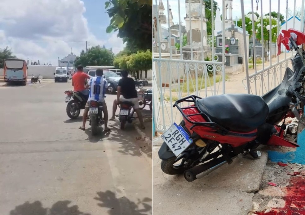 Homem morreu após bater a moto que pilotava no portão de entrada do cemitério de Governador Dix-Sept Rosado, no Oeste potiguar — Foto: Reprodução