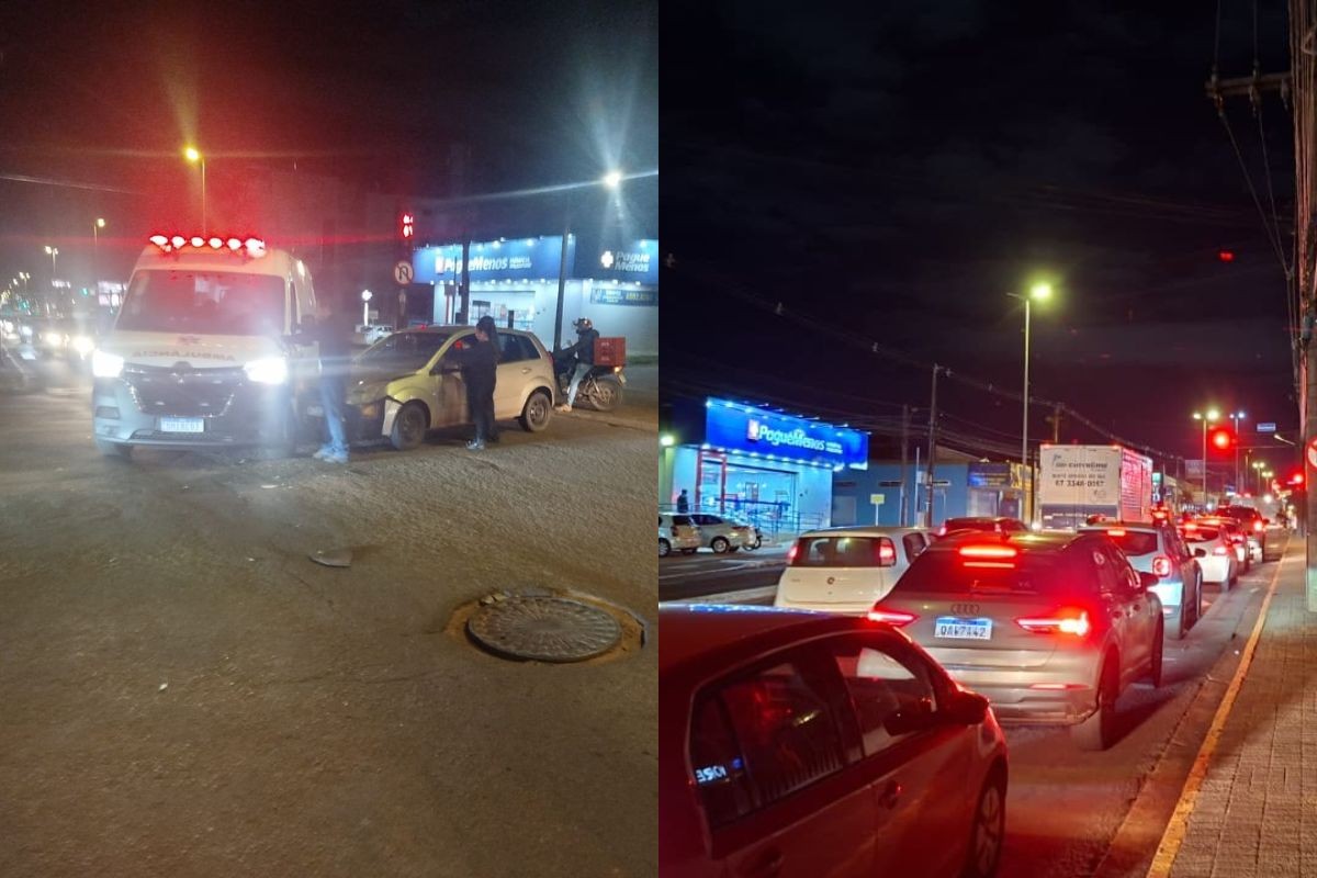 Acidente entre carro e ambulância provoca congestionamento em avenida de Campo Grande