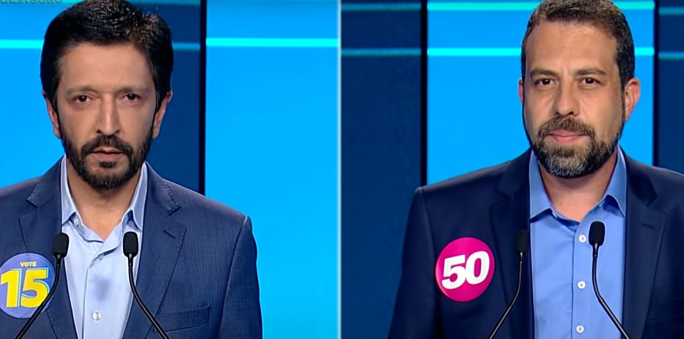 Nunes e Boulos em debate na noite deste sábado (19). — Foto: Reprodução Record TV