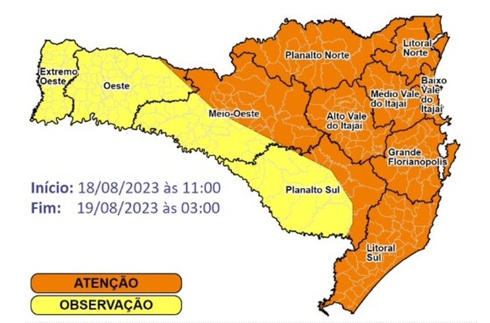 Mapa mostra condição do tempo em Santa Catarina — Foto: Defesa Civil/Divulgação