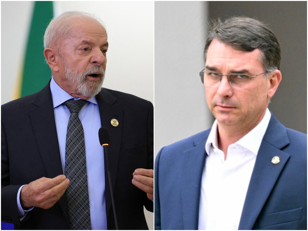Presidente Luiz Inácio Lula da Silva (PT) à esquerda e senador Flávio Bolsonaro (PL), à direita. — Foto: Esa Alexander/Reuters e Evaristo SA/AFP