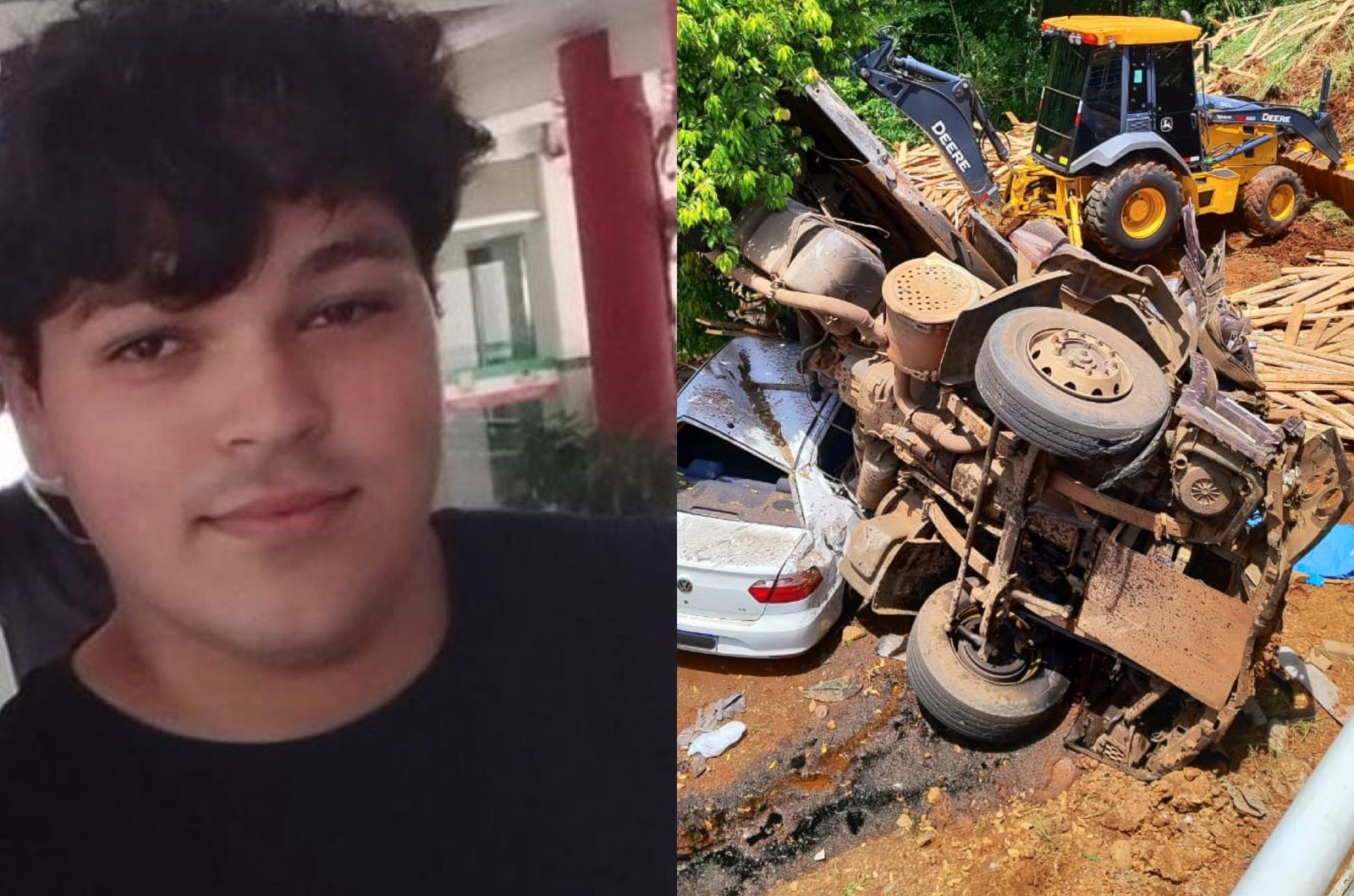 Jovem e motorista morrem após carreta carregada com madeira tombar no Oeste de SC