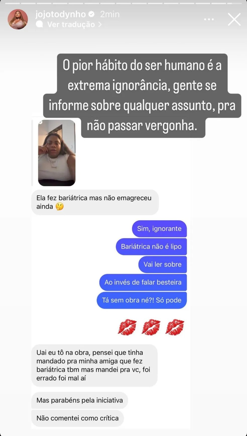 Jojo Todynho rebate seguidor que questionou a rapidez de sua perda de peso pós bariátrica — Foto: Reprodução/Instagram