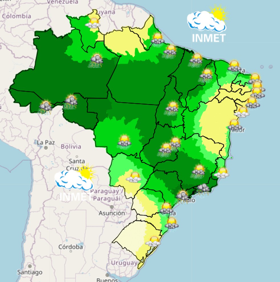Mapa mostra a previsão do tempo para o fim de semana. As áreas em verde escuro indicam as regiões que devem ter pancadas de chuva. — Foto: INMET