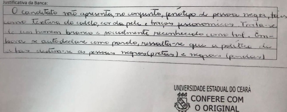 O candidato foi foi desclassificado para o curso de medicina durante a avaliação de cotistas na Universidade Estadual do Ceará (Uece). — Foto: Reprodução
