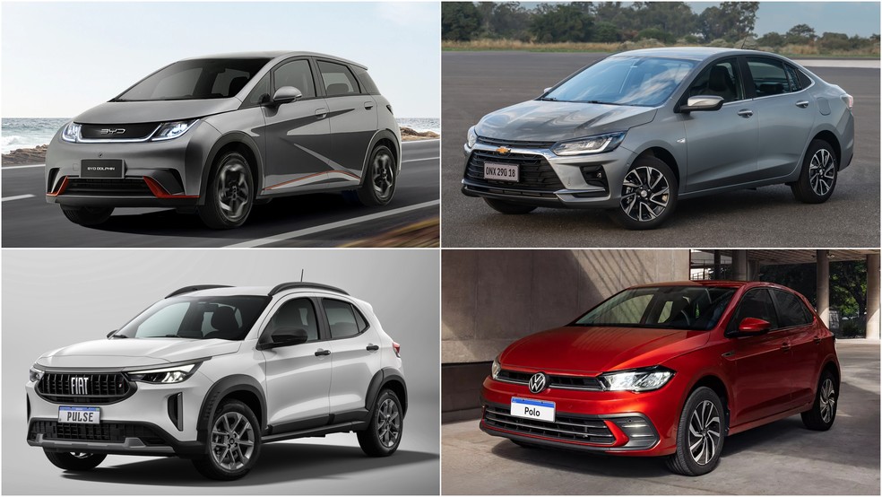 Volkswagen Polo, Chevrolet Onix Plus, BYD Dolphin e Fiat Pulse podem entrar no programa Move — Foto: arte/g1
