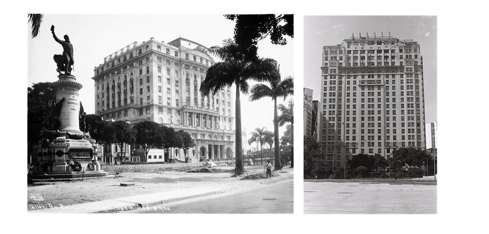 Hotel Glória, em 1928; à direita, Edifício A Noite, em 2021 — Foto: Augusto Malta/Acervo Instituto Moreira Salles; Stephanie Rodrigues/g1