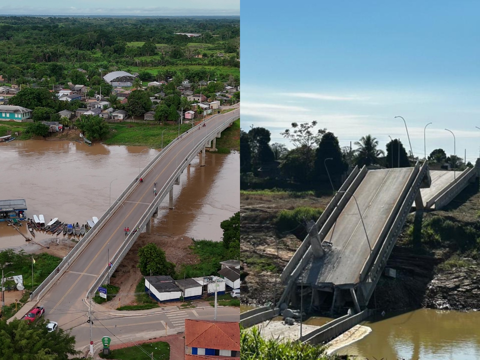 Antes e depois: imagens mostram como ficou ponte que desabou e deixou quatro feridos no Acre