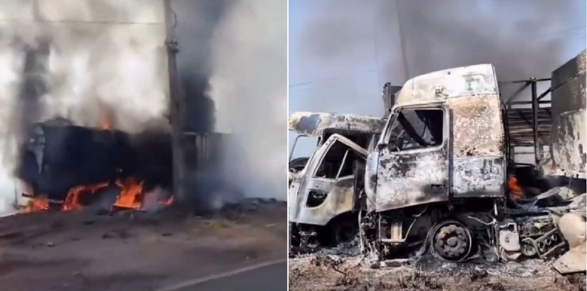 Dois caminhões pegam fogo após colisão na BR-155 e motoristas ficam feridos no Pará
