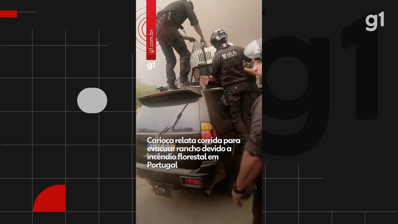Carioca relata corrida para evacuar rancho devido a incêndio florestal em Portugal; vídeo mostra fumaça e céu amarelado