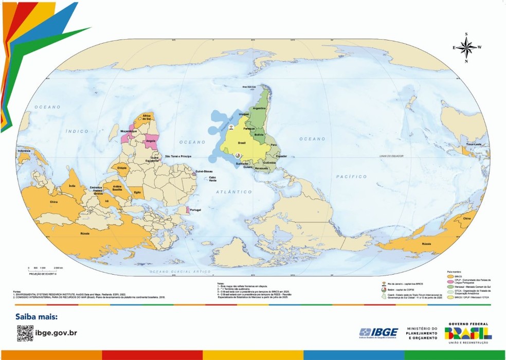 Mapa-múndi com Brasil no centro — Foto: IBGE