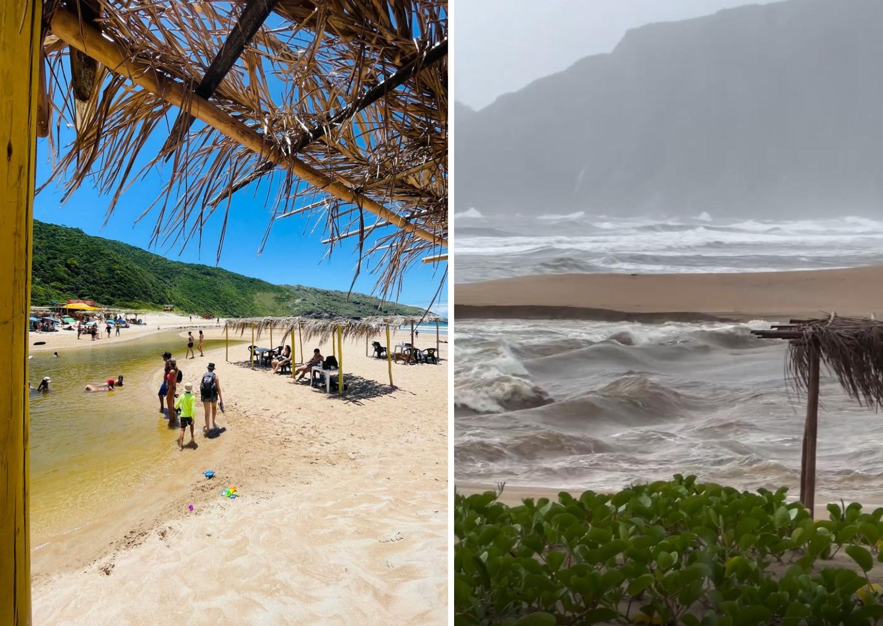 Lagoa que se rompeu, formou 'cascata' na areia e se uniu ao mar volta a fechar em Florianópolis; antes e depois