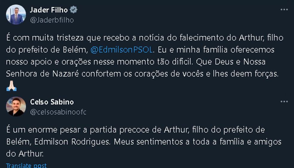 Ministros Jader Filho e Celso Sabino publicam pesar sobre morte de filho de Edmilson Rodrigues. — Foto: Reprodução / X