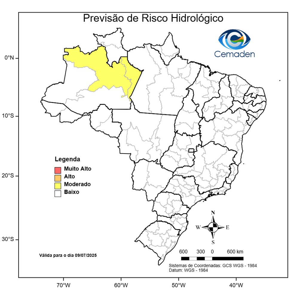 Possibilidade de ocorrência de alagamentos. — Foto: Cemaden