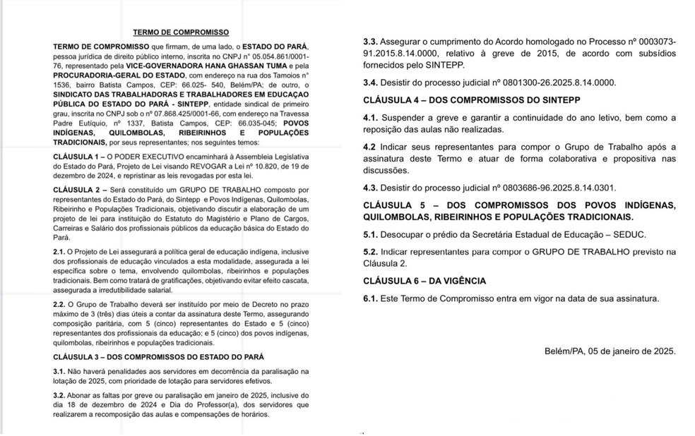 Íntegra do termo de compromisso assinado pelo governador nesta quarta-feira, 5 de fevereiro. — Foto: Reprodução