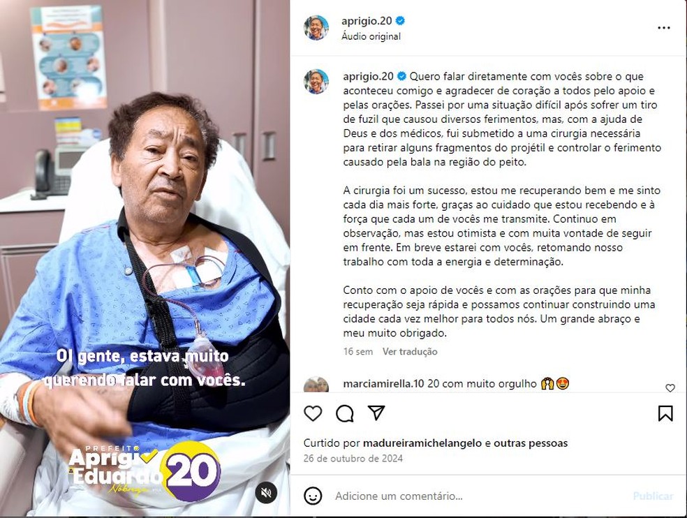 Aprigio chegou a gravar vídeo de dentro do hospital para comentar o tiro que o atingiu no ombro — Foto: Reprodução/Arquivo pessoal