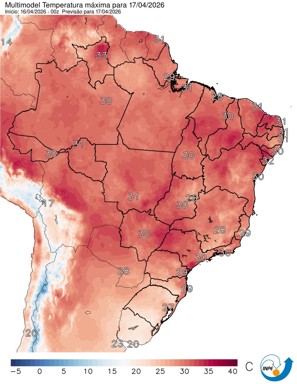 Mapa mostra previsão de temperatura máxima para esta sexta (16). — Foto: CPTEC/Inpe