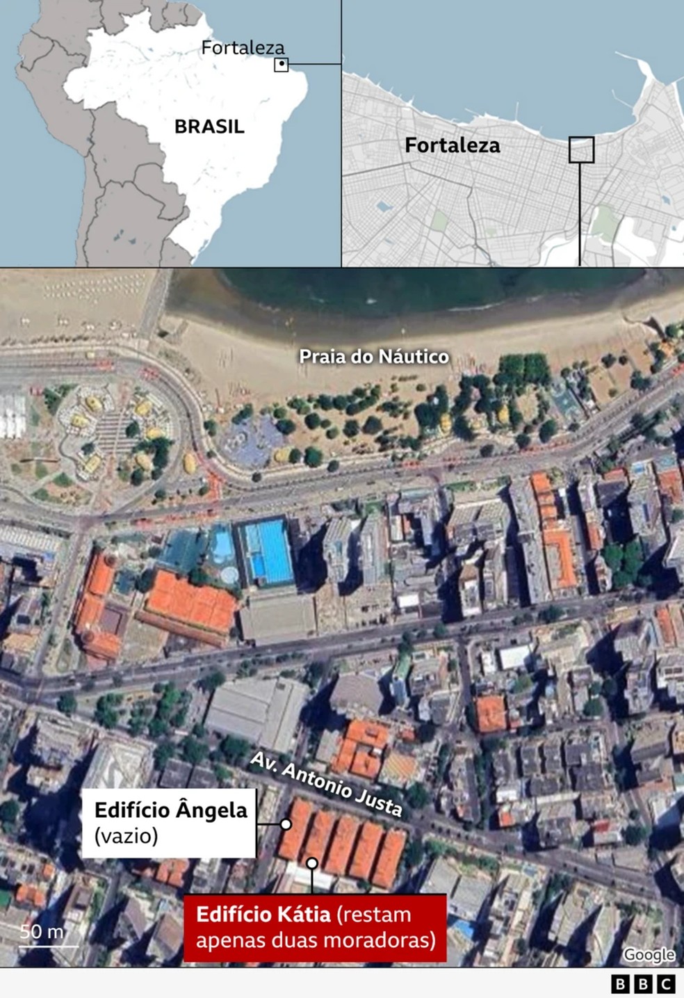 Mapa mostra localização do Edifício Kátia, em Fortaleza. — Foto: Reprodução/BBC