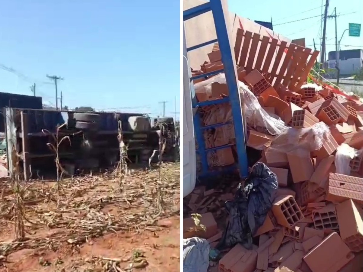 Caminhão de tijolos tomba e deixa motorista ferido em Indaiatuba