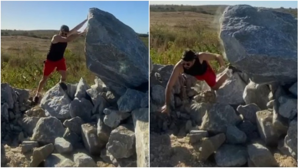 Momento em que pedra cai sobre radialista que tirava fotos no município de Cedro — Foto: Reprodução