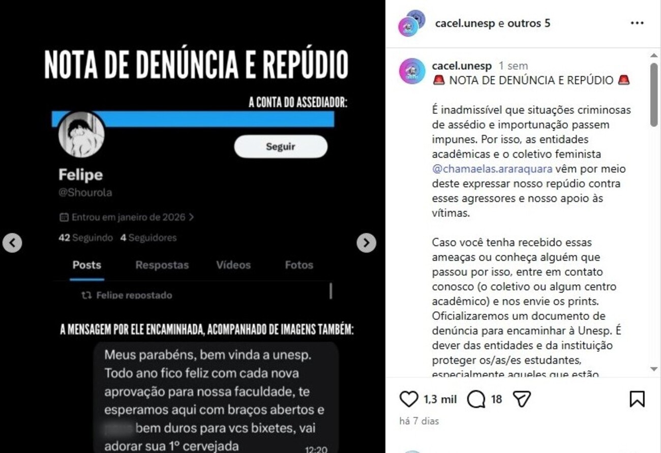 Calouras da Unesp denunciam assédio sexual de perfil fake em rede social no interior de SP