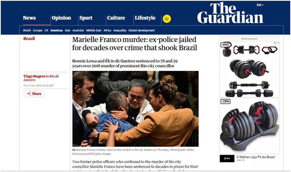 O jornal britânico noticiou a sentença dos assassinos da vereadora Marielle Franco e do motorista Anderson Gomes — Foto: Reprodução/The Guardian