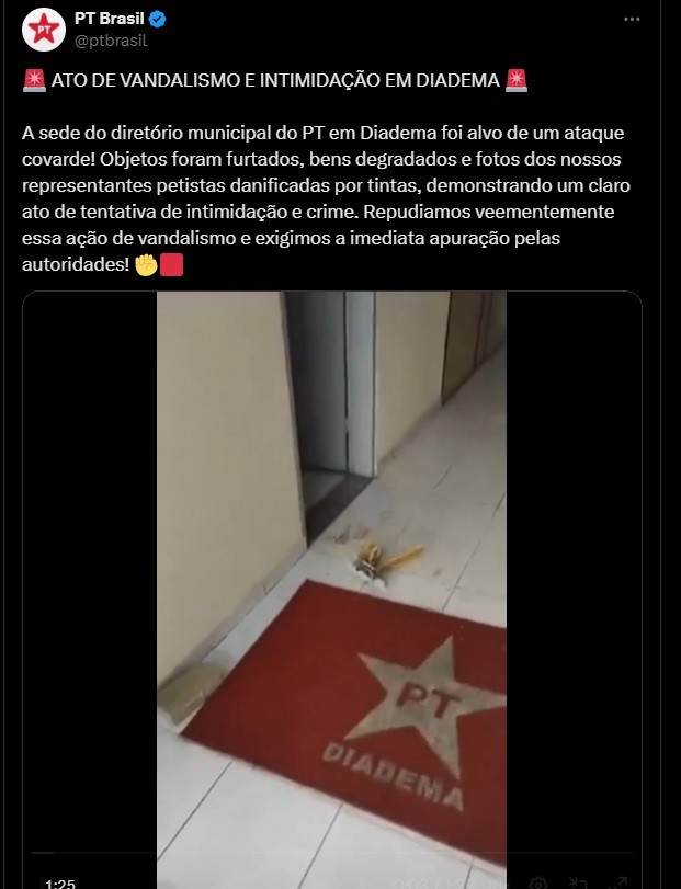 VÍDEO: Sede do PT em Diadema (SP) é invadida e alvo de vandalismo; ladrões levam computadores e jogam tinta em quadros de Lula e Dilma