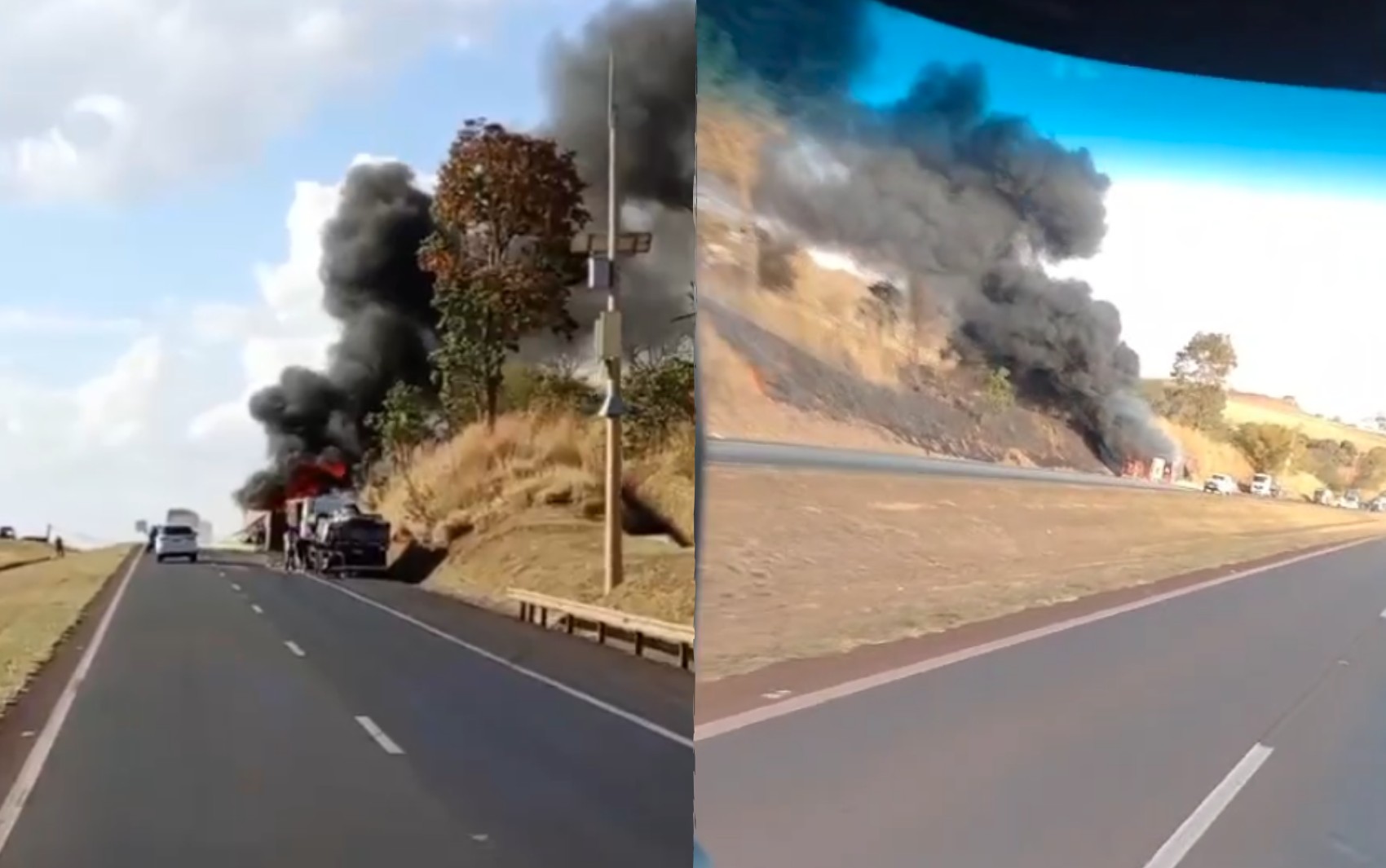 Acidente entre carretas causa incêndio e interdição da Rodovia Anhanguera em São Joaquim da Barra, SP; VÍDEO