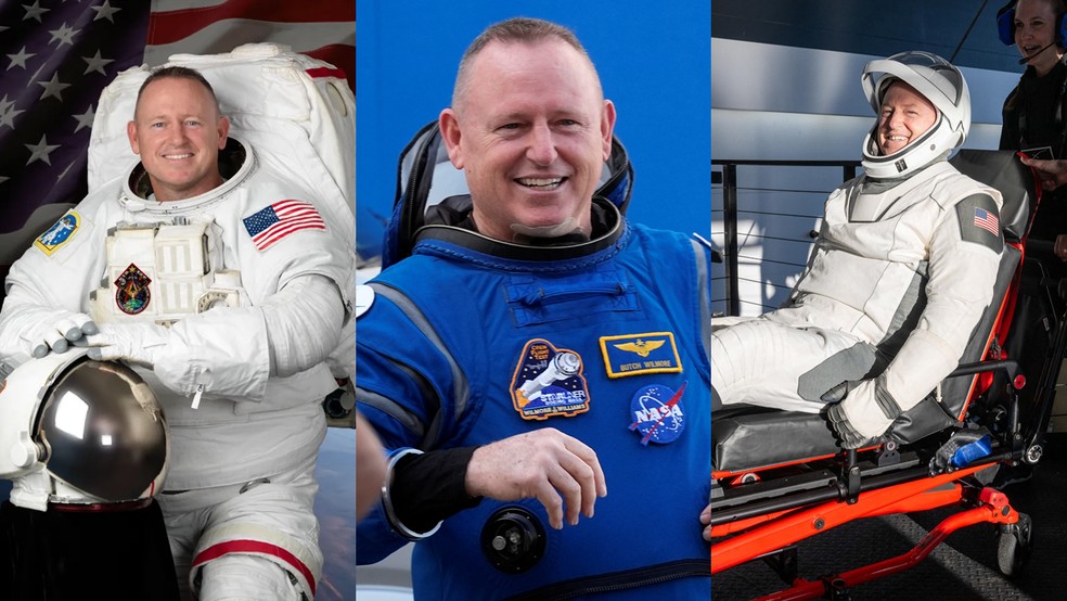 O astronautas da Nasa Butch Wilmore em 20 de julho de 2012, 1 de junho de 2024 e 18 de março de 2025. — Foto: NASA, AP Photo/John Raoux e NASA/Keegan Barber