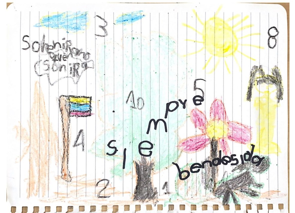Desenho feito por Soleiny (9), uma das crianças que sobreviveram a 40 dias na Amazônia Colombiana — Foto: Reprodução/Fuerzas Militares de Colombia