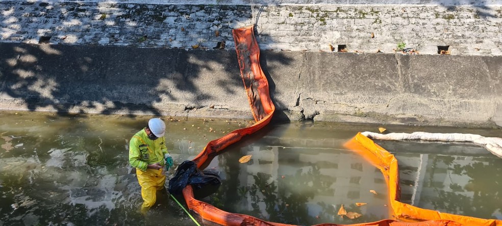 Técnicos do Ibama e da Seman fiscalizaram o canal 6, em santos, após o vazamento de óleo — Foto: Ibama